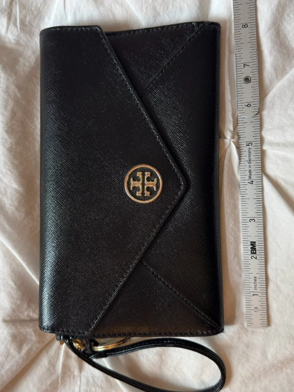 Tory Burch Robinson Envelope Wristlet Wallet — Black/Gold — Excellent Condition
